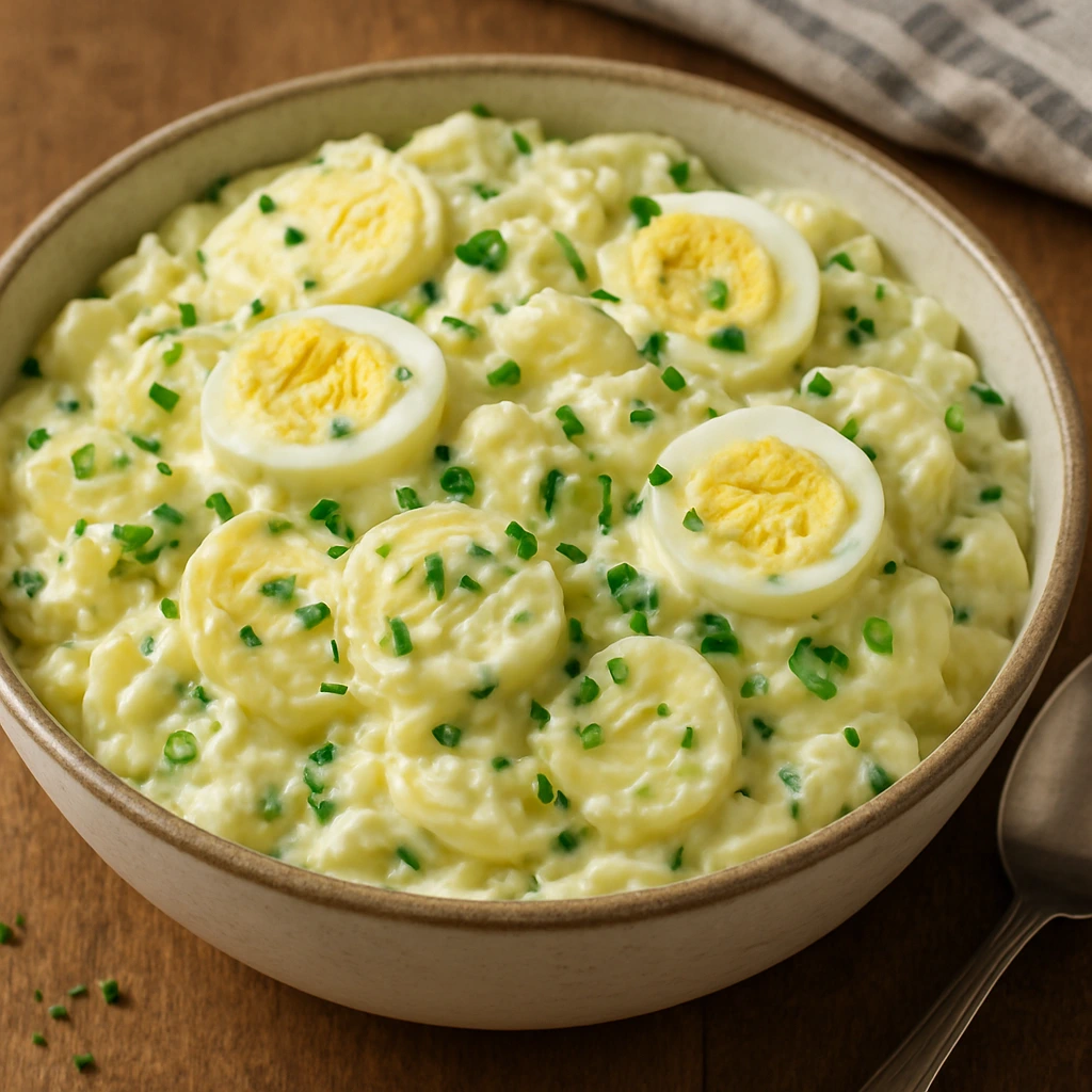 Salada de Batata com Ovos: Receita Simples e Cremosa para o Dia a Dia Uma salada cremosa, saborosa e perfeita para acompanhar qualquer refeição. Essa receita de salada de batata com ovos é prática, nutritiva e sempre agrada. Meta Info Categoria: Saladas Autor: Receitas do Ebby Publicado em: 23 de julho de 2025 Palavras-chave: salada de batata, salada com ovos, acompanhamento, receita prática Informações Rápidas Tempo de Preparo: 25 minutos Rendimento: 6 porções Nível de Dificuldade: Fácil Custo Aproximado: Baixo Ingredientes 1 kg de batatas cozidas com casca 6 ovos cozidos 1/2 cebola picada 3 colheres (sopa) de salsinha picada 3 colheres (sopa) de cebolinha picada 1 1/4 de xícara (chá) de maionese Sal a gosto Modo de Preparo Cozinhe as batatas com casca até que fiquem macias. Descasque-as após esfriarem um pouco e corte em rodelas finas. Cozinhe os ovos, descasque e corte em pedaços grandes ou rodelas. Em uma travessa grande, misture as batatas com os ovos, cebola, salsinha e cebolinha. Acrescente a maionese e o sal, misturando bem até todos os ingredientes estarem envolvidos. Se desejar uma salada mais cremosa, adicione um pouco de água e mexa até atingir a textura desejada. Leve à geladeira por pelo menos 30 minutos antes de servir para realçar os sabores. Dicas Extras Para um sabor mais marcante, adicione um fio de suco de limão ou um toque de mostarda. Substitua a maionese por iogurte natural para uma versão mais leve. Acrescente cenoura ralada ou ervilha para dar mais cor e sabor à salada. Palavras-chave para SEO salada de batata cremosa, salada de batata simples, receita de salada de ovos, acompanhamento prático, receita de verão Siga a Gente nas Redes Sociais Fique por dentro de mais receitas como essa no nosso Instagram, TikTok e canal do YouTube @receitasdoebby. Receitas Relacionadas Maionese de Legumes Tradicional Salada de Frango com Batata Vinagrete Refrescante com Pepino Maionese com Atum Compartilhe com Seus Amigos [Botão Facebook] [Botão WhatsApp] [Botão Pinterest] [Botão Twitter]