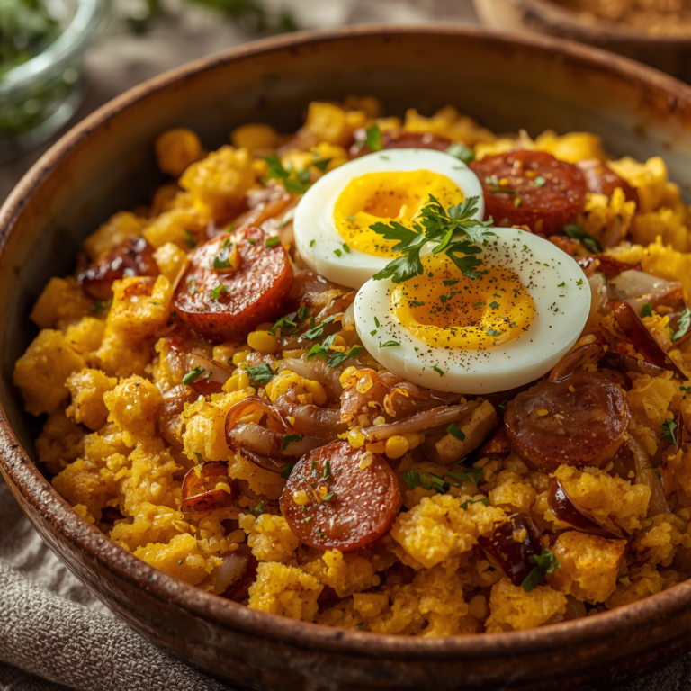 A high-resolution close-up photograph of a traditional Brazilian “Farofa Dourada” served in a rustic bowl. The golden toasted cassava flour and corn flour mixture is combined with diced calabresa sausage, sautéed onion, corn kernels, boiled eggs, and fresh parsley on top. Soft natural lighting enhances the vibrant golden tones and textures, making the dish look appetizing and perfect as a side dish for barbecues or festive meals. Cozy homemade atmosphere, authentic Brazilian cuisine, food photography.